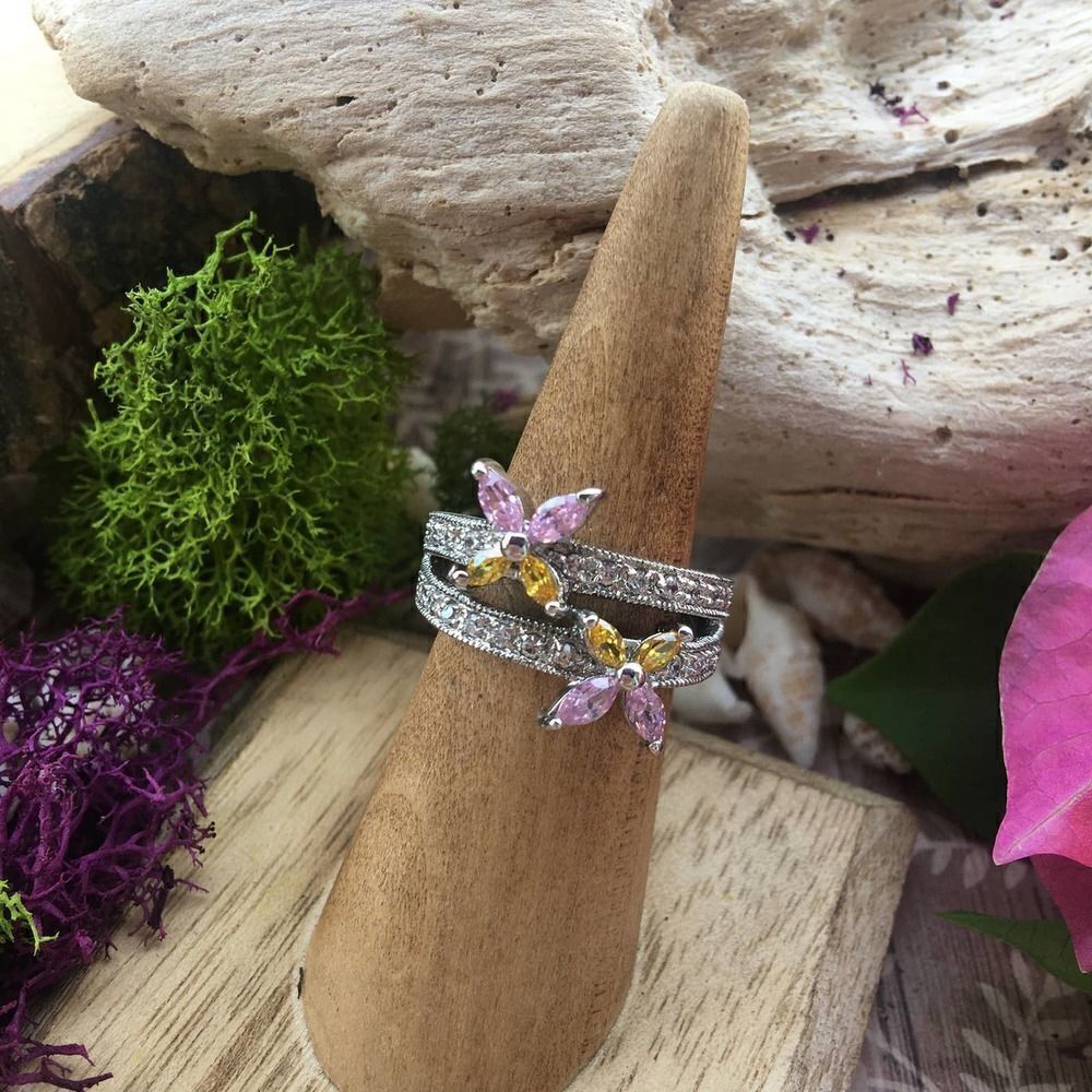 Solid Sterling Silver Cz Flower Ring Size 7